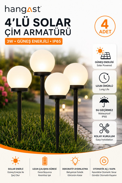 BEYAZ 4'LÜ Solar Bahçe Aydınlatma 3W Güneş Enerjili LED Çim Armatür IP66
