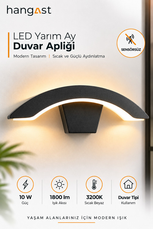 LED Yarım Ay Duvar Apliği 10W 1800 lm 3200K Sıcak Beyaz Sensörsüz Modern Duvar Lambası