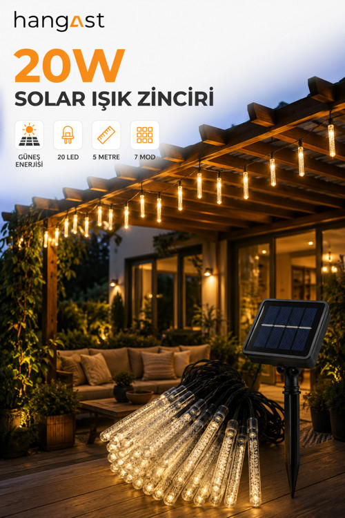 20W Solar Işık Zinciri 5 Metre 20 LED Günışığı 7 Mod Güneş Enerjili Bahçe Balkon Teras Aydınlatma