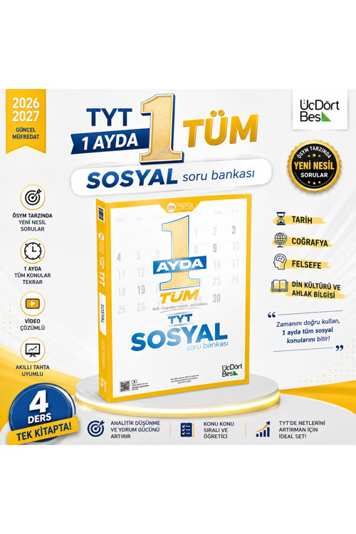 Üçdörtbeş Yayınları Tyt 1 Ayda Tüm Sosyal Soru Bankası | 2026-2027 Güncel Müfredat | Tarih Coğrafya Felsefe Din Kültürü | Yeni Nesil