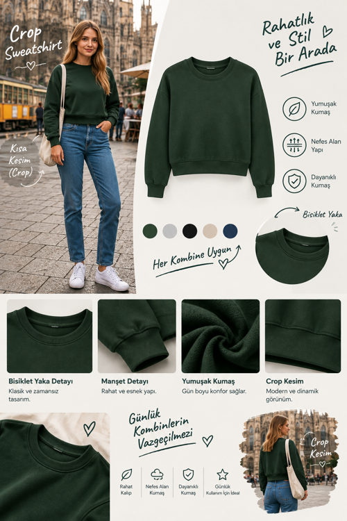Kadın Crop Bisiklet Yaka Sweatshirt Pamuklu Yumuşak Dokulu Günlük Spor Sweatshirt