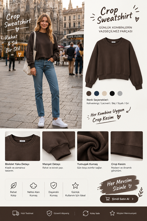 Kadın Crop Bisiklet Yaka Sweatshirt Pamuklu Yumuşak Dokulu Günlük Spor Sweatshirt