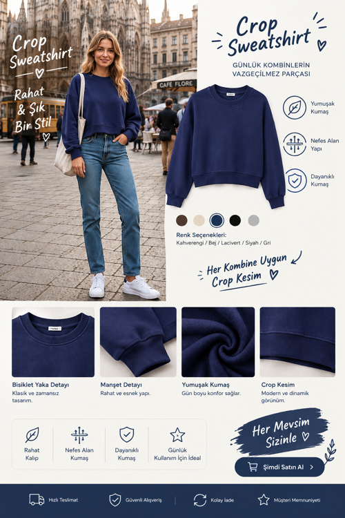 Kadın Crop Bisiklet Yaka Sweatshirt Pamuklu Yumuşak Dokulu Günlük Spor Sweatshirt