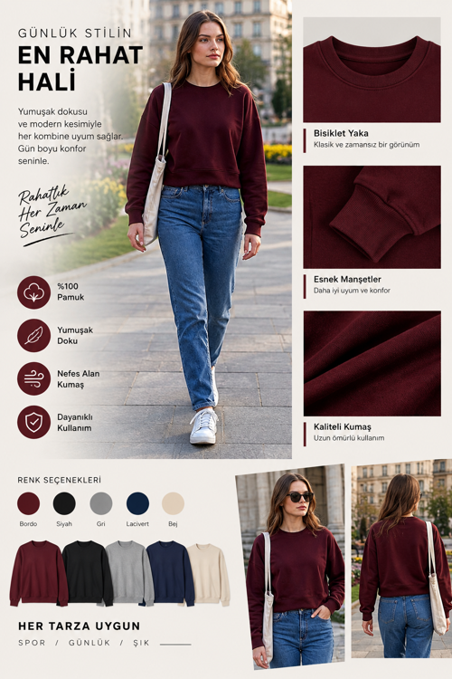 Kadın Crop Bisiklet Yaka Sweatshirt Pamuklu Yumuşak Dokulu Günlük Spor Sweatshirt
