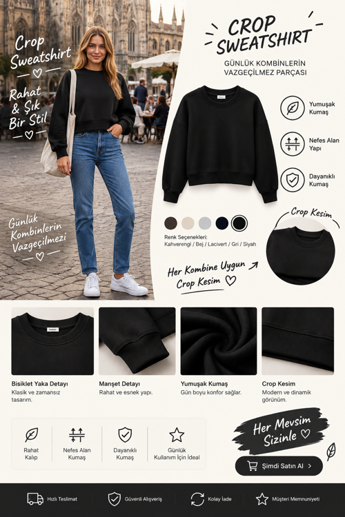 Kadın Crop Bisiklet Yaka Sweatshirt Pamuklu Yumuşak Dokulu Günlük Spor Sweatshirt