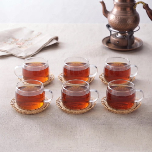 12 Parça El Yapımı Bambu Çay Seti - El Yapımı Bambu Bardak Altlığı - 6 Kişilik Fincan Takımı