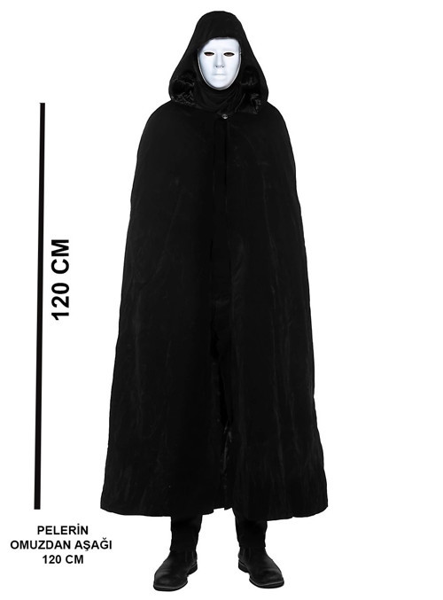 Siyah Kapüşonlu 120 cm Pelerin ve Beyaz Boyanabilir Tam Yüz Maske (5680)