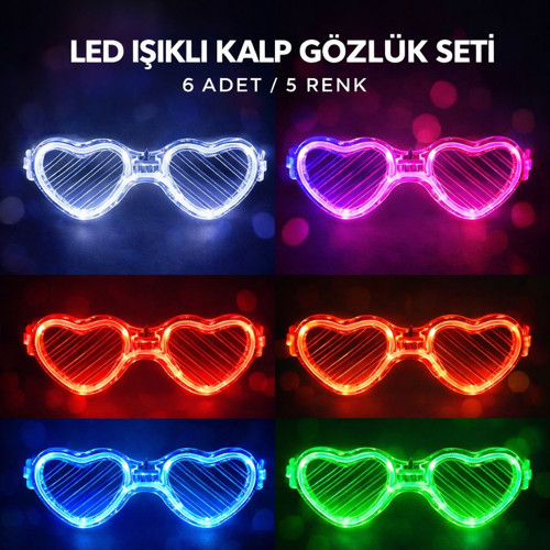 LED Işıklı Kalp Glow Pilli Parti Gözlüğü – 6 Adet / 5 Renk Set (5680)