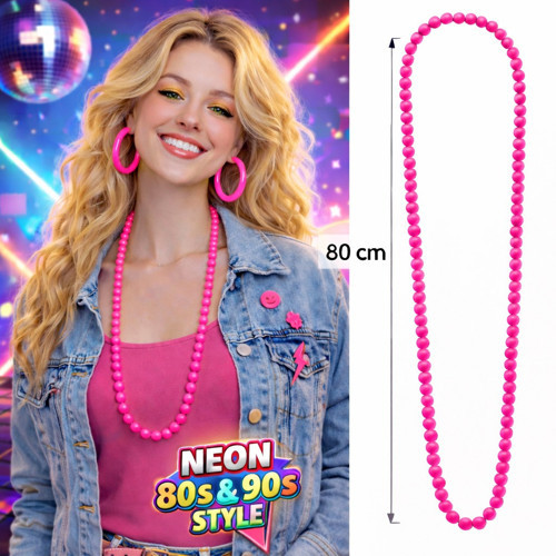 Neon Pembe Boncuk Kolye 80 cm – Retro 80’ler 90’lar Parti Aksesuarı (5680)