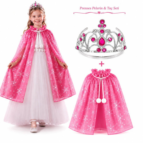 Masal Prensesi Pembe Pelerin ve Taç Seti (85 cm) (5680)