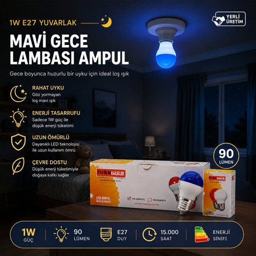 10 ADET 1W E27 MAVİ YUVARLAK GECE LAMBASI LED AMPUL EAMP-075 (5680)