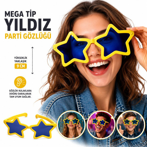 Mega Tip Yıldız Parti Gözlüğü Sarı Renk (5680)