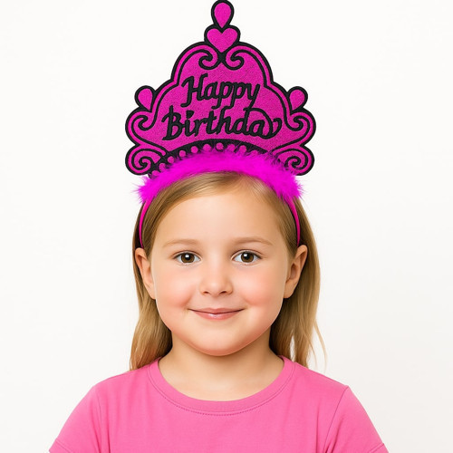 Fuşya Happy Birthday Prenses Tacı – Doğum Günü Taç Aksesuarı (5680)