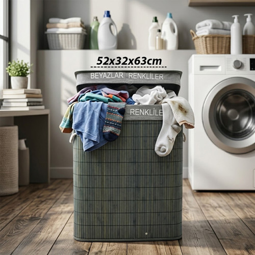 GRİ DİKDÖRTGEN 2 BÖLMELİ 52X32CM Y:63CM BAMBU AHŞAP KİRLİ ÇAMAŞIR SEPETİ KUMAŞ ÇANTALI İP KULP (5680