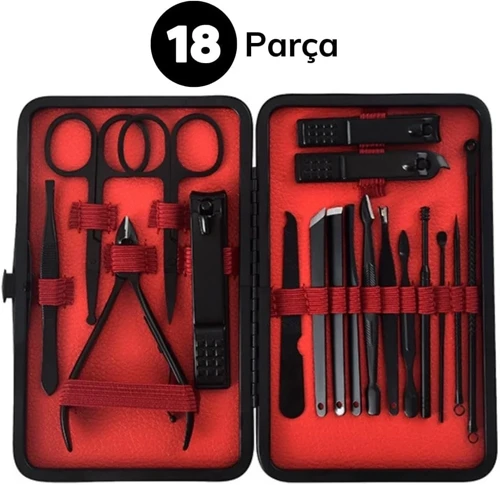 18 Parça Manikür Pedikür Set Kutusu Çelik Deri Çantalı Bakım Seti (5680)