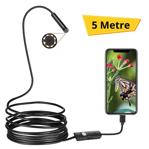 5 Metre Android Telefon Uyumlu 6 LED Işıklı Su Geçirmez Endoskop / Boroskop Yılan Kamera HD (5680)