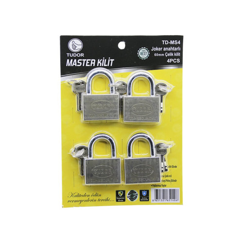 TUDOR TD-MS4 MASTER 4PCS JOKER ANAHTARLI=TEK ANAHTARLA 4 KİLİT AÇ 60MM - GRİ KISA KANCALI ÇELİK ASM