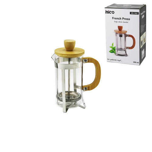 FRENCH PRESS METAL KAFES - BAMBU SAP BAMBU KAPAK 350ML CAM BİTKİ SÜZGEÇİ (5680)