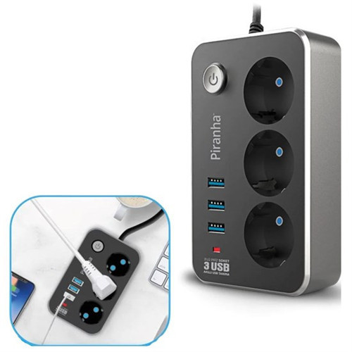 Isıya Dayanıklı Termal Akım Korumalı 2 Mt 10A 2500W 3lü Priz ve 3 Usbi 2.1A Uzatma Kablosu (5680)