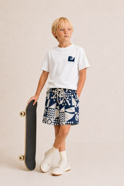 OCEAN BEYAZ T-SHIRT VE MAVİ DOKUMA ŞORTLU TAKIM