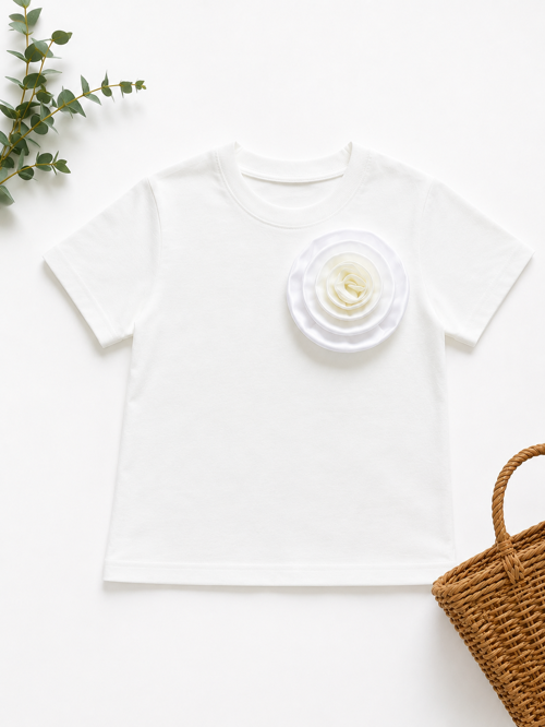 ÇİÇEK DETAYLI BEYAZ PAMUKLU T-SHIRT