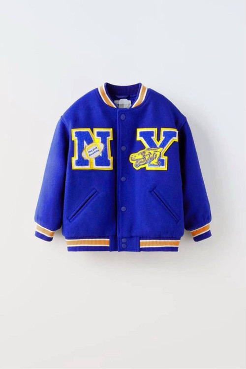 Unisex Çocuk Saks Mavi NY Nakışlı Kolej Ceket