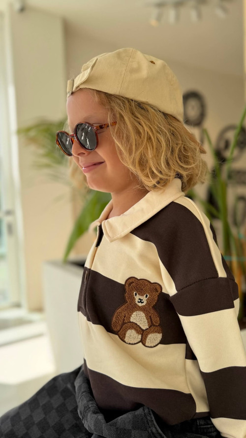 Unisex Çocuk Yaka Detaylı Teddy Armalı Çizgili Sweatshirt