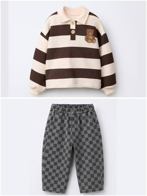 Unisex Çocuk Damalı Jean Pantolon ve Teddy Sweatshirt Kombini
