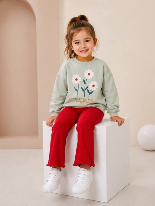 Çiçekli Kız Çocuk Sweatshirt Pantolon Takım