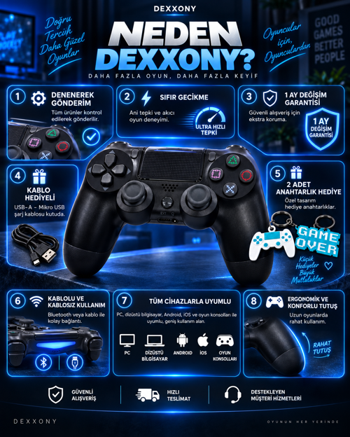 PS4 Uyumlu Kablosuz Bluetooth Oyun Kolu – PC/Android TV, Sıfır Ölü Bölge, Siyah