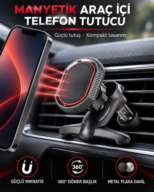 A23 Mıknatıslı Klipsli Havalandırma Araç İçi Telefon Tutucu 360° Metal Plakalı