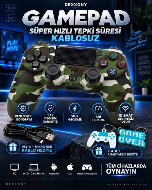 PS4 Uyumlu Kablosuz Bluetooth Oyun Kolu – PC/Android TV, Sıfır Ölü Bölge, Kamuflaj