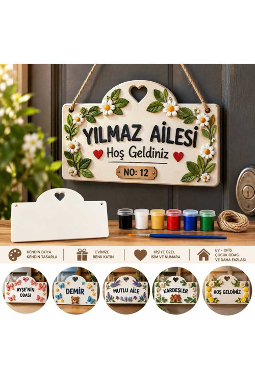 Boyanabilir Kapı İsimliği Kişiye Özel Dekoratif Kapı Süsü Taş Tozu Seramik Kapı Tabelası Hobi Boyama Seti