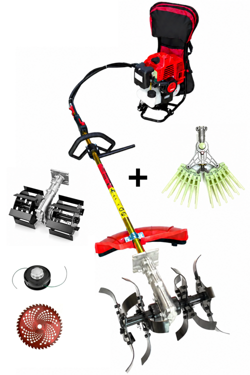 Benzinli Sırt Tırpan + Çift Toprak Çapalama + Tırnaklı Silkeleme Hasat Aparatı SET 52 CC 4.6 HP