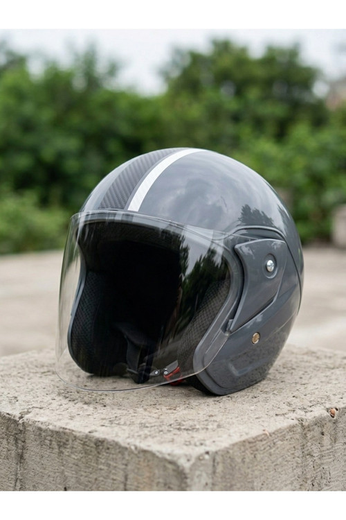Gri Vizörlü Yarım Kask Scooter ve Motosiklet Kaskı