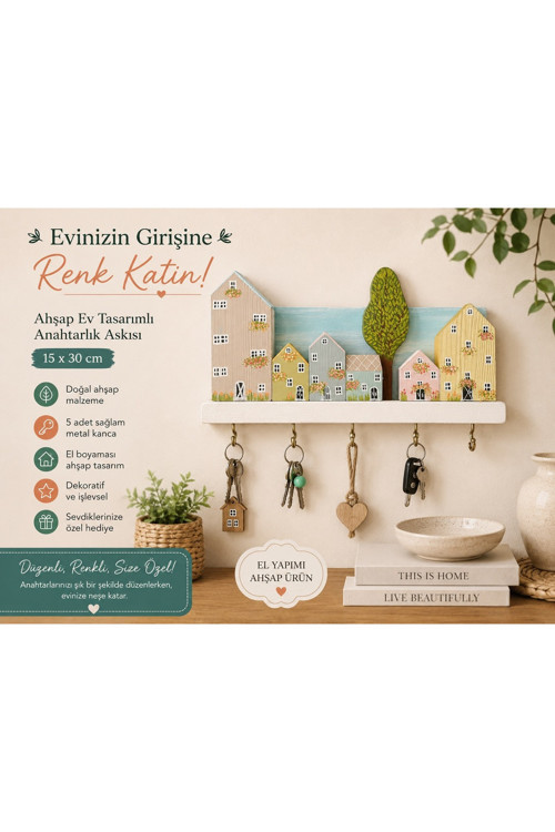 Ahşap Ev Tasarımlı Anahtarlık Askısı 30x15 cm | 5 Kancalı Dekoratif Duvar Anahtarlığı