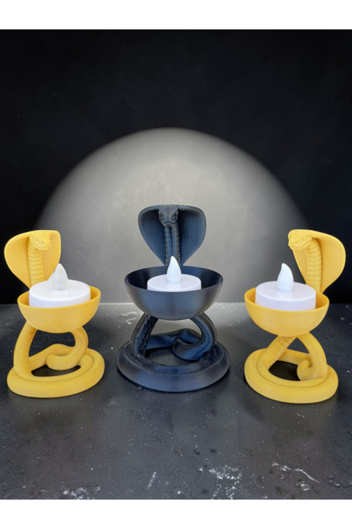 Kobra Yılan Tealight Mumluk Seti 3'lü Gold Mat Siyah-Modern Dekor