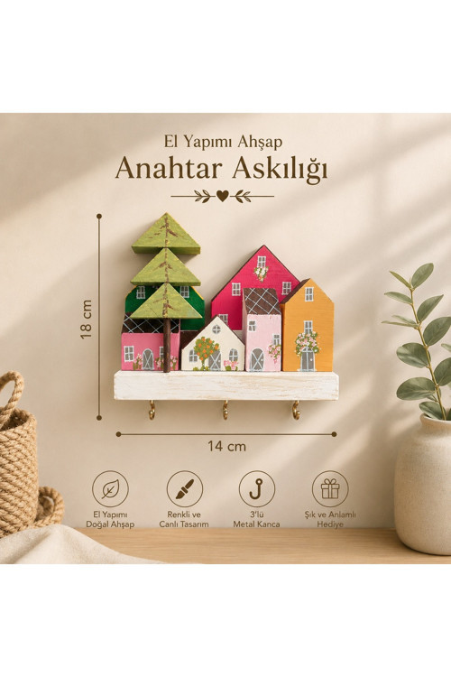 El Yapımı Renkli Evler Temalı Ahşap Anahtar & Havlu Askılığı