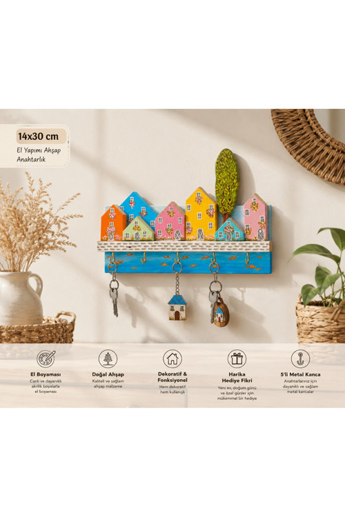 El Yapımı Renkli Evler Temalı Ahşap Anahtarlık Askısı 14x30 cm