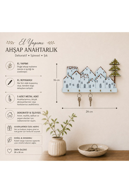 El Yapımı Ahşap Evler Temalı Anahtar Askılığı