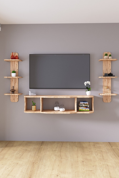 120cm Ayaksız Duvara Monteli Tv Ünitesi Ve 2 Adet 90cm Uzunluk Duvar Rafı Atlantik Çam