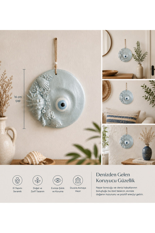 Deniz Temalı Nazar Boncuklu Seramik Duvar Süsü – 16 cm