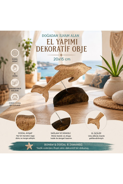 Ahşap Yunus Dekoratif Obje 20x15 cm | El Yapımı Bohem Masa Üstü Dekoru
