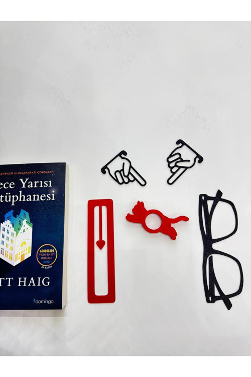 Kedili Sayfa Tutucu ve Kitap Ayracı 5'li Set Kedili Gözlüklü El İşaretli Aksesuar
