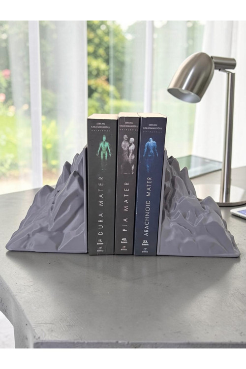 Dağ Tasarımlı Kitap Tutucu Ağır İçi Dolu Dekoratif Kitap Desteği Gri 2li Set
