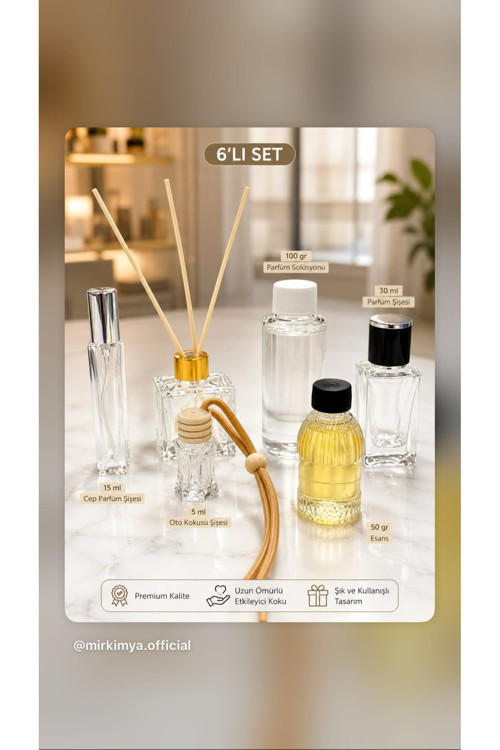 6’lı Parfüm Yapım Başlangıç Seti - 100 gr Parfüm Solüsyonu + 50 gr Esans + 30 ml Parfüm Şişesi + 15 ml Cep Parfümü + 50 ml Difüzör + 5 ml Oto Kokusu Şişesi