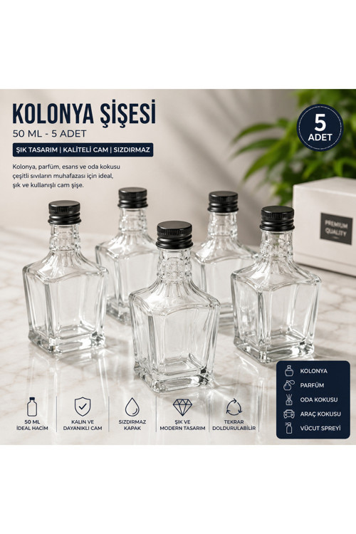 50 ml Cam Tıpalı Kolonya Şişesi 5’li Set – Boş Cam Şişe – Esans, Parfüm, Oda Kokusu ve Hediyelik Dolum Şişesi