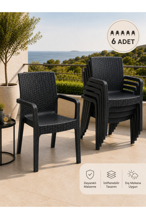 Veyra Rattan Kollu Plastik Bahçe & Balkon Sandalyesi | Dayanıklı, Geniş Oturum - 6 ADET