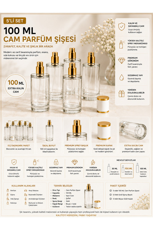 5’li 100 ML Cam Parfüm Şişesi Seti –Kolay Kapama Beyaz Gold Kapaklı, Spreyli, Yeniden Doldurulabilir Boş Parfüm Şişesi