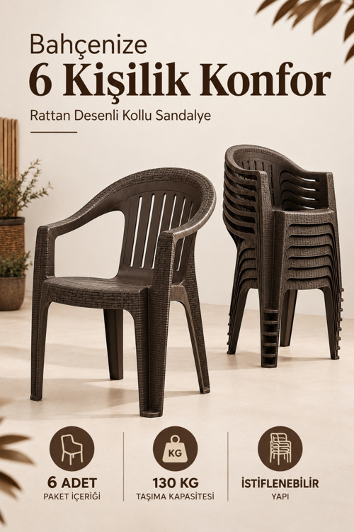 Rattan Desenli Kollu Plastik Bahçe & Balkon Sandalyesi | 6 Adet